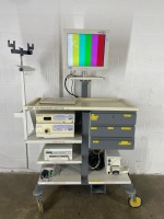 OLYMPUS ENDCOSCOPY CART W/MONITOR, OLYMPUS EVIS EXERA II CV-180, CLV-180, OEP-4, FLUSHING PUMP