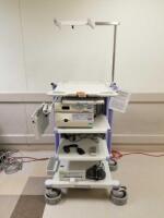 OLYMPUS EVIS EXERA II 180 ENDOSCOPY TOWER TO INCLUDE: CV-180 IMAGE SOURCE, CLV-180 LIGHT SOURCE, OEP 4 PRINTER ON CART