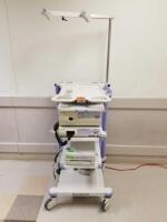 OLYMPUS EVIS EXERA II 180 ENDOSCOPY TOWER TO INCLUDE: CV-180 IMAGE SOURCE, CLV-180 LIGHT SOURCE, OEP 4 PRINTER ON CART