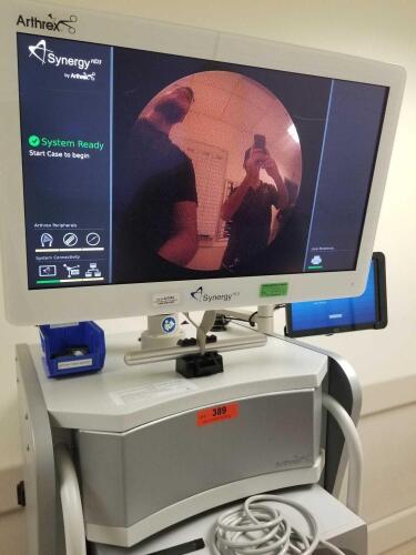 ARTHREX ARTHROSCOPY TOWER TO INCLUDE: SYNERGY HD3 IMAGE MANAGEMENT CONSOLE (AR-3200-0001T), DUAL WAVE ARTHROSCOPY PUMP(AR-6480)WITH (AR-6482) HAND CONTROL, SYNERGY RF BIPOLAR ABLATION( AR-9800), SYNERGY RESECTION (AR-8305), MITEK VAPR 3 RF SYSTEM, AR-3210