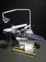 BELMONT X-CALIBUR DENTAL CHAIR W/EXAM LIGHT, FOOTSWITCH AND 3 HANDPIECES