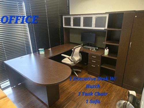 OFFICE ROOM FURNITURE TO INCLUDE: 1 EXECUTIVE DESK W/ HUTCH, 1 TASK CHAIR, 1 SOFA