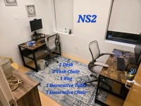 NURSES STATION FURNITURE TO INCLUDE: 2 DESKS, 2 TASK CHAIRS, 1 RUG, 1 DECORATIVE TABLE, 1 DECORATIVE CHAIR