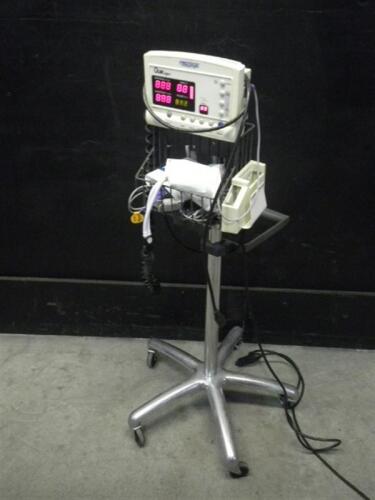 PROTOCOL SYSTEMS QUIK SIGNS PATIENT MONITOR WITH CABLES (SPO2, BP) ON ROLLING STAND