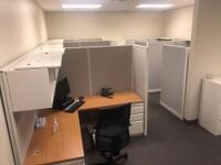 5 CUBICLE OFFICE AREA WITH 5 CHAIRS, 3 FILING CABINETS, 2 MONITORS, 2 KEYBOARDS AND MICE. NO COMPUTERS