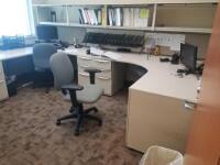 OFFICE TO INCLUDE: WRAP AROUND DESK, 4 DRAWER LATERAL, 2 CHAIRS, 2 MONITORS AND ASSORTED