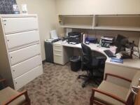 OFFICE TO INCLUDE: DESK WITH OVERHEAD STORAGE, 2-FILE CABINETS AND 2 MONITORS