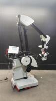 LEICA M520 SURGICAL MICROSCOPE WITH DUAL BINOCULARS (10X/21 AND 10X/21), BOTTOM LENS, ON OHS ROLLING STAND