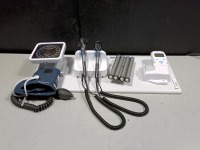 WELCH ALLYN GS 777 OTO/OPHTHALMOSCOPE WITH HEADS, SURETEMP PLUS THERMOMETER & SPHYGMOMANOMETER ON WALL MOUNT