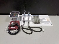 WELCH ALLYN GS 777 OTO/OPHTHALMOSCOPE WITH HEADS & SPHYGMOMANOMETER ON WALL MOUNT