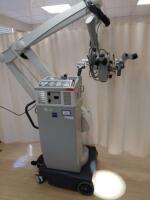 CARL ZEISS OPMI NEURO SURGICAL MICROSCOPE WITH F70 EYE TO EYE BINOCULARS, SUPERLUX 301 LIGHT SOURCE ON S4 CONTRAVIS STAND