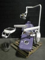 BELMONT X-CALIBUR DENTAL CHAIR WITH EXAM LIGHT,FOOTSWITCHES, & 3 HANDPIECES