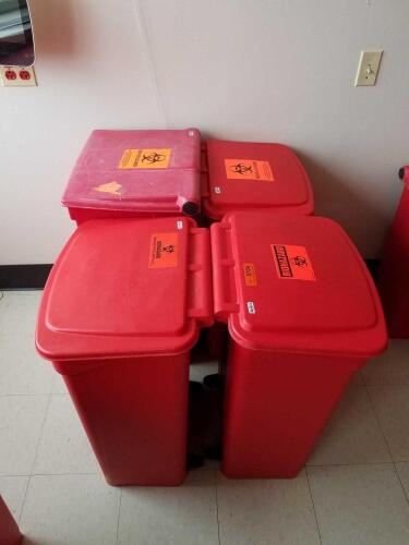 LOT OF 4 FOOT OPERATED BIOHAZARD WASTE BINS