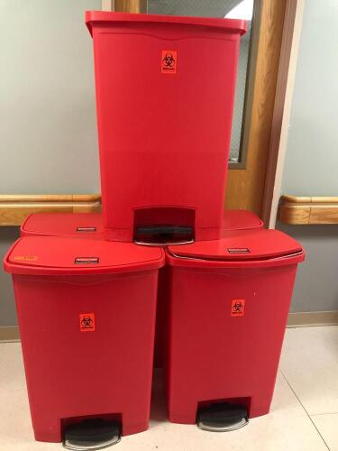 LOT OF 5 FOOT OPERATED BIOHAZARD WASTE BINS