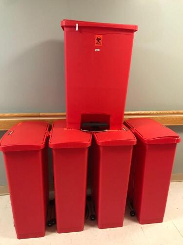 LOT OF 5 FOOT OPERATED BIOHAZARD WASTE BINS