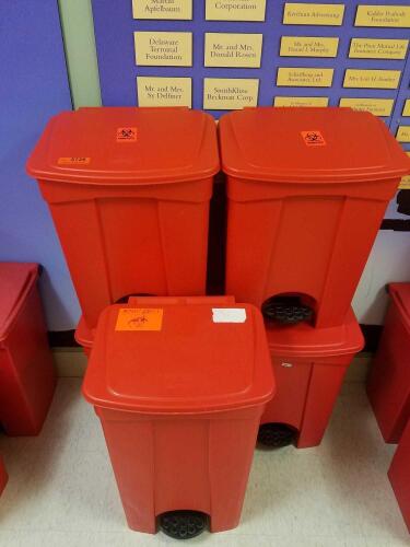 LOT OF 5 FOOT OPERATED BIOHAZARD WASTE BINS