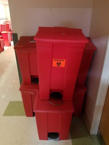 LOT OF 6 FOOT OPERATED BIOHAZARD WASTE BINS