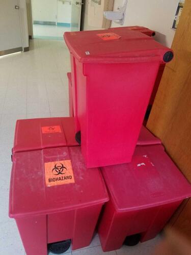 LOT OF 5 FOOT OPERATED BIOHAZARD WASTE BINS