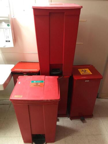 LOT OF 5 FOOT OPERATED BIOHAZARD WASTE BINS