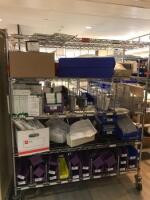 CART AND CONTENTES TO INCLUDE: BLOOD PRESSURE CUFFS, THERMOMETER PROBE COVERS, AND EMPTY STORAGE BINS LOCATION: 2 CAF.