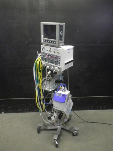 VIASYS BEAR CUB 750PSV INFANT VENTILATOR WITH VGM MONITOR ON ROLLING STAND