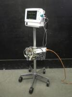 DATEX-OHMEDA S/5 PATIENT MONITOR WITH CABLES (ECG, SPO2, BP) ON ROLLING STAND