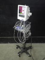 MINDRAY DATASCOPE ACCUTORR PLUS PATIENT MONITOR WITH CABLES (SPO2, BP) ON ROLLING STAND