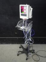 DATASCOPE ACCUTORR PLUS PATIENT MONITOR WITH CABLES (SPO2, BP) AND ACCUTEMP IR THERMOMETER ON ROLLING STAND