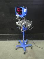 GE DINAMAP V100 CARESCAPE VITAL SIGNS MONITOR WITH CABLES (SPO2, BP) ON ROLLING STAND