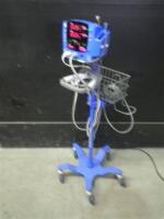 GE DINAMAP V100 CARESCAPE VITAL SIGNS MONITOR WITH CABLES (SPO2, BP) ON ROLLING STAND
