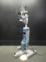 ZEISS OPMI CS SURGICAL MICROSCOPE WITH DUAL BINOCULARS (10X/22B T* AND 10X), BOTTOM LENS (F 250), RETROLUX 3 T*, AND FOOTSWITCH ON S4 ROLLING STAND