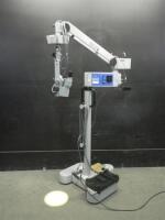 ZEISS OPMI 6-SFC SURGICAL MICROSCOPE WITH SINGLE BINOCULARS (10X), BOTTOM LENS (F 250) AND FOOTSWITCH ON S5 ROLLING STAND