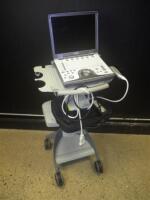 GE LOGIQ-E PORTABLE ULTRASOUND MACHINE WITH 1 PROBE (12LRS) ON ROLLING STAND