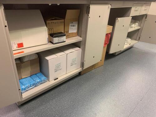 CONTENTS OF BOTTOM CABINETS AND DRAWERS TO INCLUDE: BIOFIL CELL SCRAPERS, CELLTREAT TISSUE CULTURE FLASKS, PETRI DISHES AND BRAND PLATES