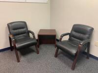 LOT OF ENTRACEWAY FURNITURE TO INCLUDE: 2 LEATHERETTE CHAIRS, SIDE TABLE AND DOUBLE DOOR WOODEN CABINET