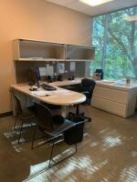 CONTENTS OF OFFICE TO INCLUDE: WORKSTATION, SWIVEL CHAIR, 2 SIDE CHAIRS, 2 BLACK STACKING CHAIRS AND WOOD SIDE CABINET