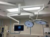 DENTIS L200 LUVIS TRIPLE ARM CENTER MOUNT WITH (2) L200, LED SURGICAL LIGHT AND STRYKER VISIONPRO SYNK WIRELESS 26" LED DISPLAY, MFG. 2018 (OR 1)