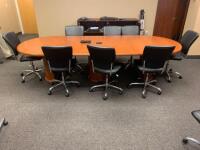 10' X 4', 3 SECTION CONFERENCE TABLE WITH 8 BLACK SWIVEL CHAIR