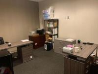 CONTENTS OF OFFICE TO INCLUDE: 2 DESKS, 2 SWIVEL CHAIRS AND 2 FILE CABINETS, UNDERCOUNTER REFRIGERATOR AND SHELF UNIT