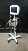 DATEX-OHMEDA F-FMW-00 PATIENT MONITOR WITH MODULES (E-PSM-00, N-FREC-00) AND CABLES (ECG, SPO2, NIBP, T1/T2) ON ROLLING STAND