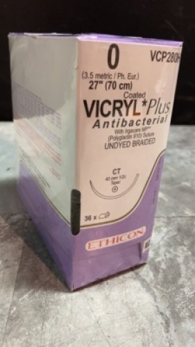 ETHICON INC. ANTIBACTERIAL UNDYED BRAIDED POLYGLACTIN 910, SYNTHETIC ABSORBABLE SUTURE EXP DATE: 12/31/2021 LOT #: LA2611 REF #: VCP280H QUANTITY: 1 PACKAGE TYPE: EACH QTY IN PACKAGE: 1