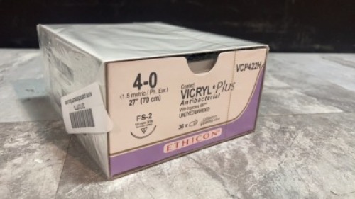 ETHICON, LLC ANTIBACTERIAL UNDYED BRAIDED POLYGLACTIN 910, SYNTHETIC ABSORBABLE SUTURE EXP DATE: 10/31/2022 LOT #: LM2277 REF #: VCP422H QUANTITY: 1 PACKAGE TYPE: EACH QTY IN PACKAGE: 1