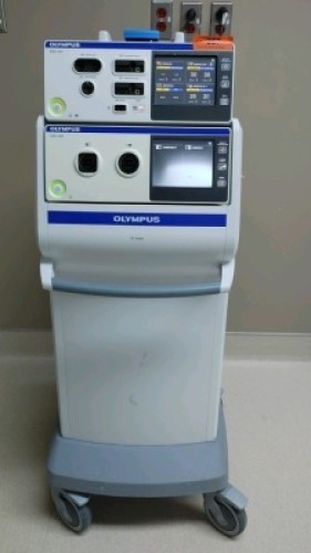 OLYMPUS TC-E400 ENDOSCOPY CART TO INCLUDE ESG-400 ELECTROSUGICAL UNIT, USG-400 ULTRASONIC GENERTOR, OLYMPUS WB504 FOOT CONTROL, OLYMPUS WB50403W