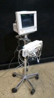 PHILIPS V24CT PATIENT MONITOR ON ROLLING STAND WITH MODULE RACK (NBP, SPO2/PLETH, PRESS, ECG/RESP)