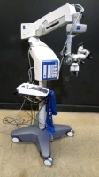 CARL ZEISS OPMI LUMERA T SURGICAL MICROSCOPE TO INCLUDE DUAL MOUNT BINOCULARS WITH EYEPIECES BOTH (10X) BOTTOM LENSE (F 200) & FOOTSWITCH ON S8 STAND