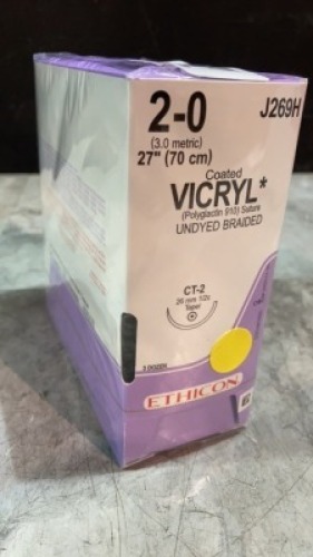 ETHICON COATED VICRYL SUTURE UNDYED BRAIDED 2 (REF J269H) EXP 11-30-2023