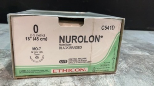 ETHICON, LLC NYLON SUTURE BLACK BRAIDED, STERILE, NON ABSORBABLE SURGICAL SUTURE WITH CONTROL RELEASE REMOVABLE NEEDLES EXP DATE: 01/00/1900 LOT #: REF #: C541D QUANTITY: 1 PACKAGE TYPE: EACH QTY IN PACKAGE: 1