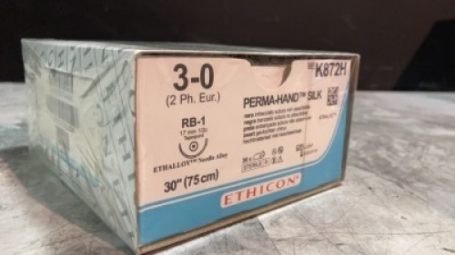 ETHICON, LLC BLACK BRAIDED SILK, NONABSORBABLE SURGICAL SUTURE EXP DATE: 07/31/2022 LOT #: LJJ347 REF #: K872H QUANTITY: 1 PACKAGE TYPE: EACH QTY IN PACKAGE: 1