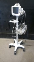 GE DASH 3000 PATIENT MONITOR WITH CABLES (ECG, SPO2, BP) ON ROLLING STAND