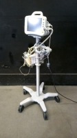 GE DASH 3000 PATIENT MONITOR WITH CABLES (SPO2, BP) ON ROLLING STAND